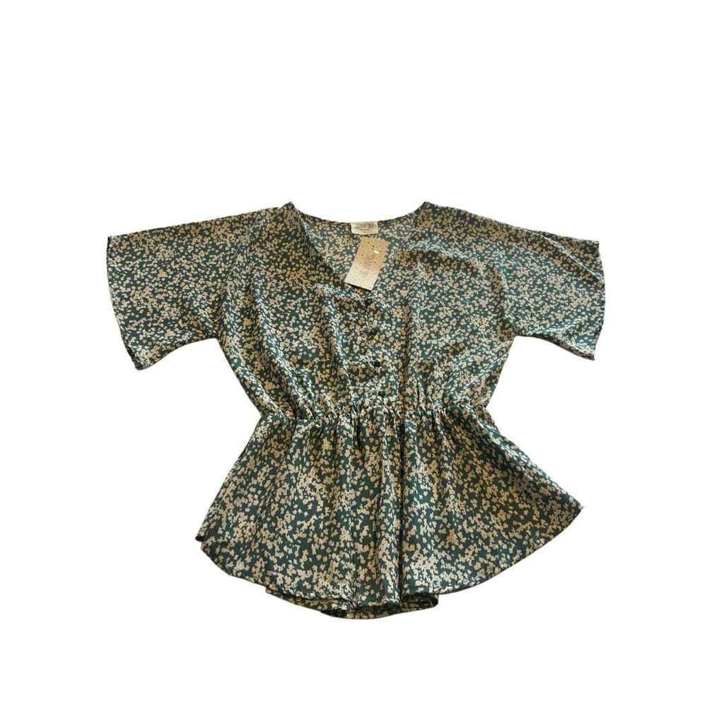 Sienna Sky Juniors Size MFloral Peplum Blouse Green Cream V-Neck Button Front Ac